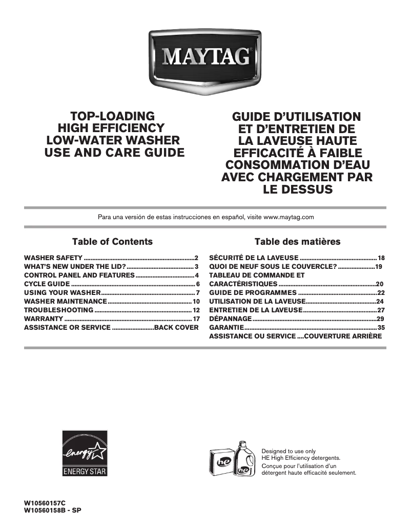 Page n°1 - Manuel utilisateur Maytag MVWX600BW Bravos