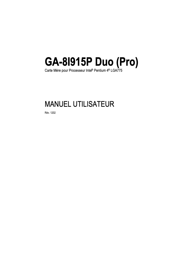Page 1 de la notice Manuel utilisateur Gigabyte GA-8I915P Duo Pro