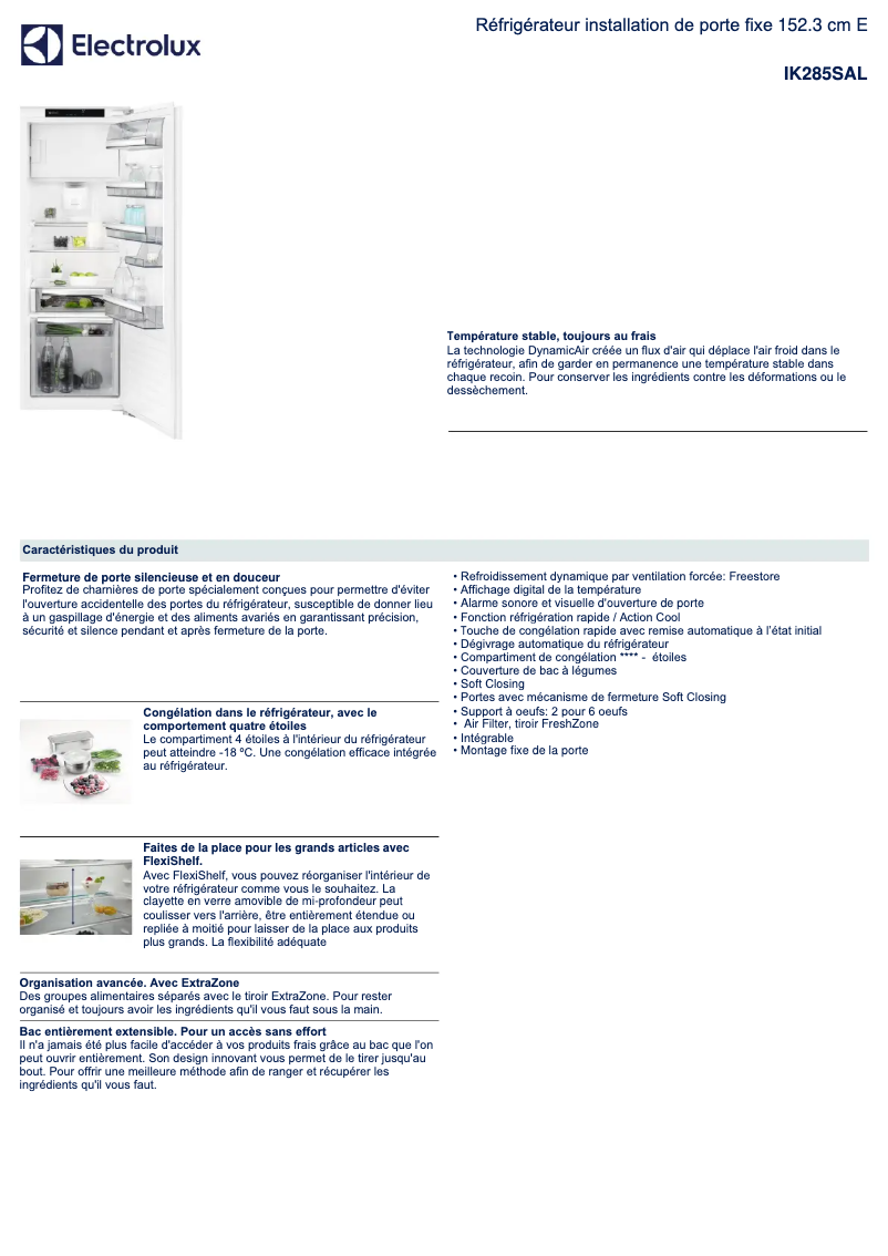 Page 1 de la notice Fiche technique Electrolux IK285SAL
