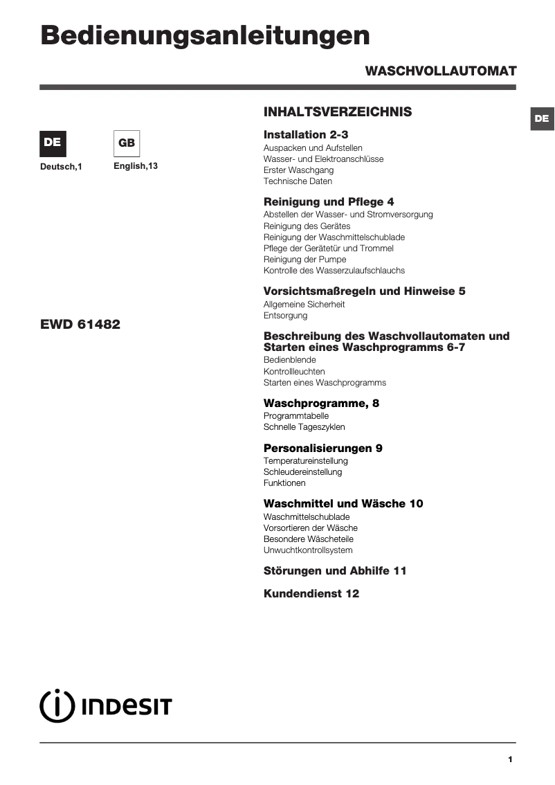 Page 1 de la notice Manuel utilisateur Indesit EWD 61482 W DE