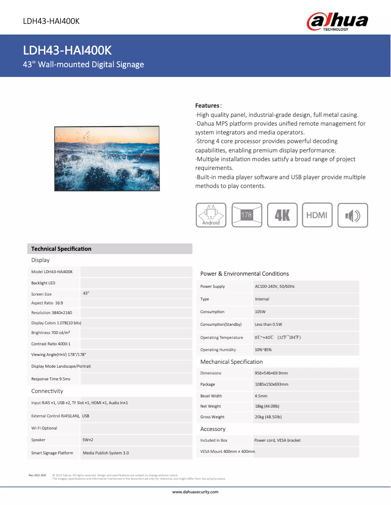 Page n°1 - Fiche technique Dahua Technology LDH43-HAI400K
