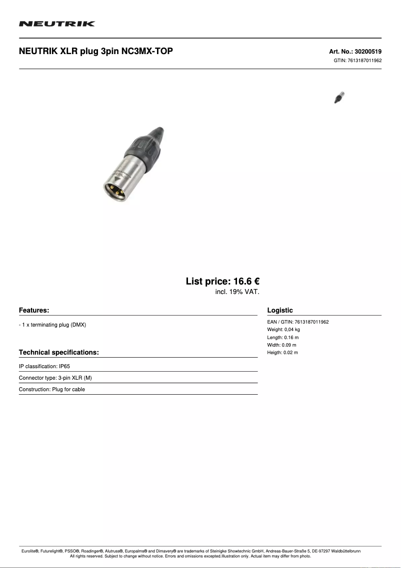 Page 1 de la notice Fiche technique Neutrik NC3MX