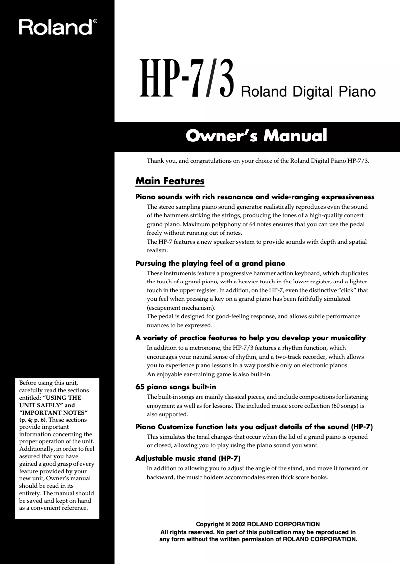 Page 1 de la notice Manuel utilisateur Roland HP-7