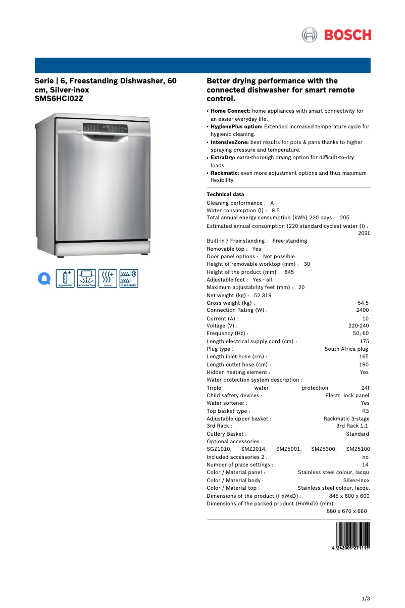 Page n°1 - Fiche technique Bosch SMS6HCI02Z