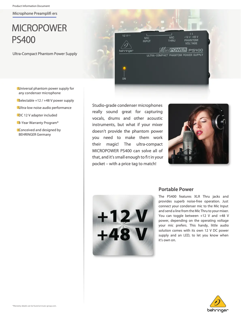 Page 1 de la notice Fiche technique Behringer MicroPower PS400