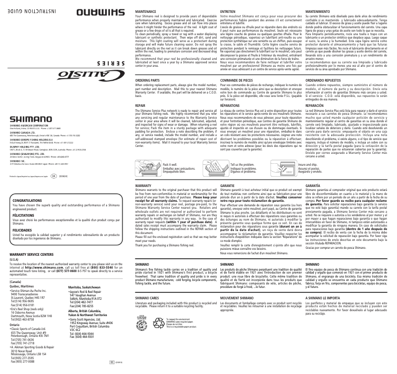 Page 1 de la notice Manuel utilisateur Shimano Callisto 100