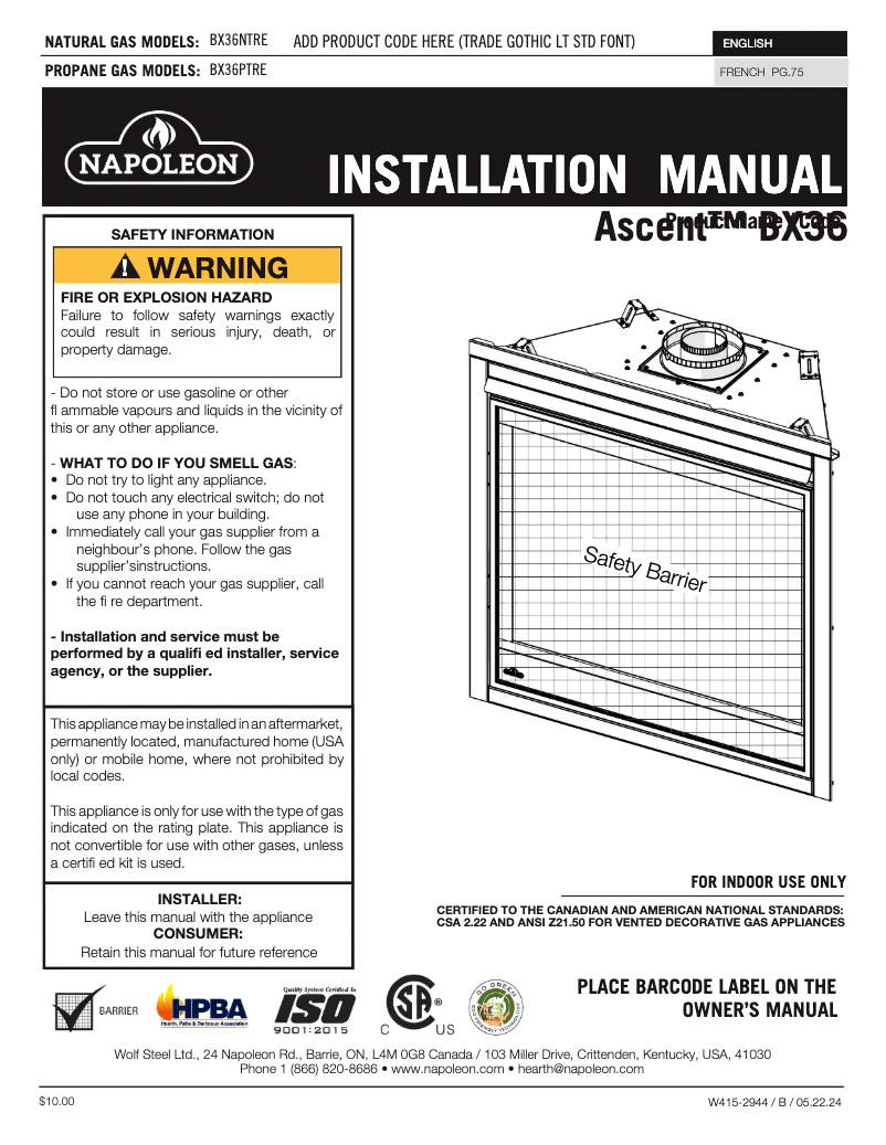 Page n°1 - Manuel utilisateur Napoleon Ascent BX 36