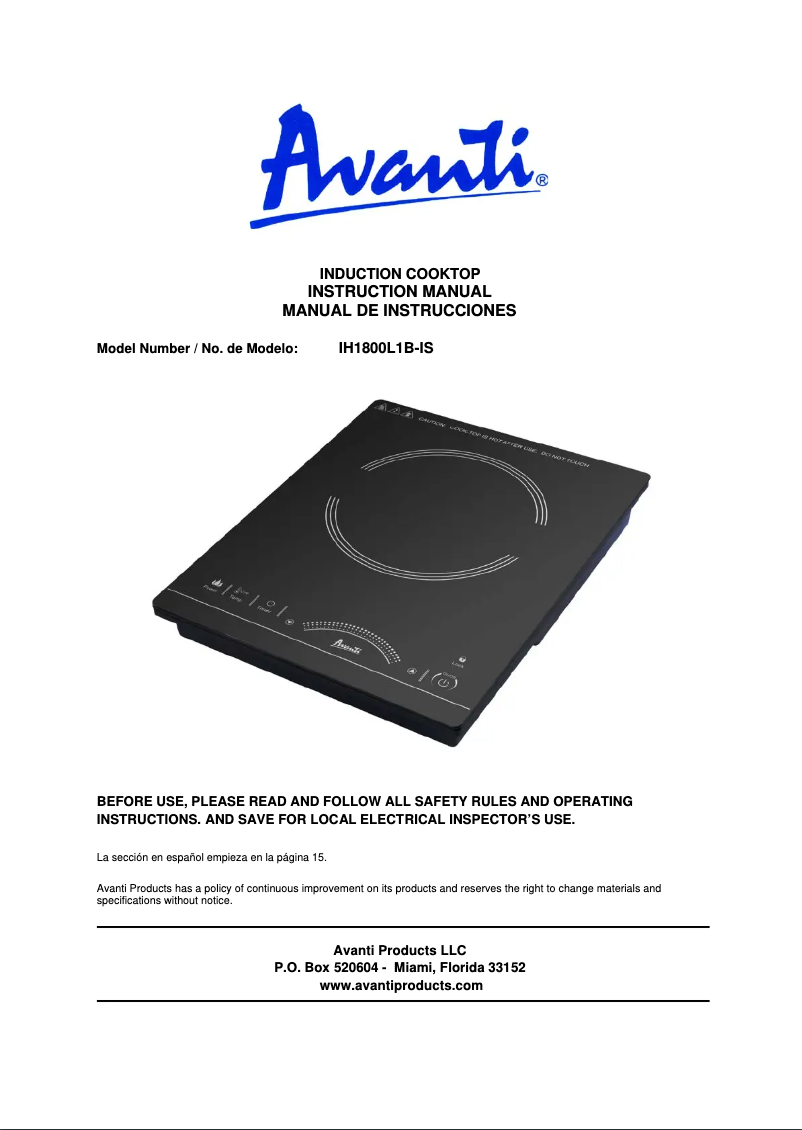 Page n°1 - Manuel utilisateur Avanti IH1800L1B-IS