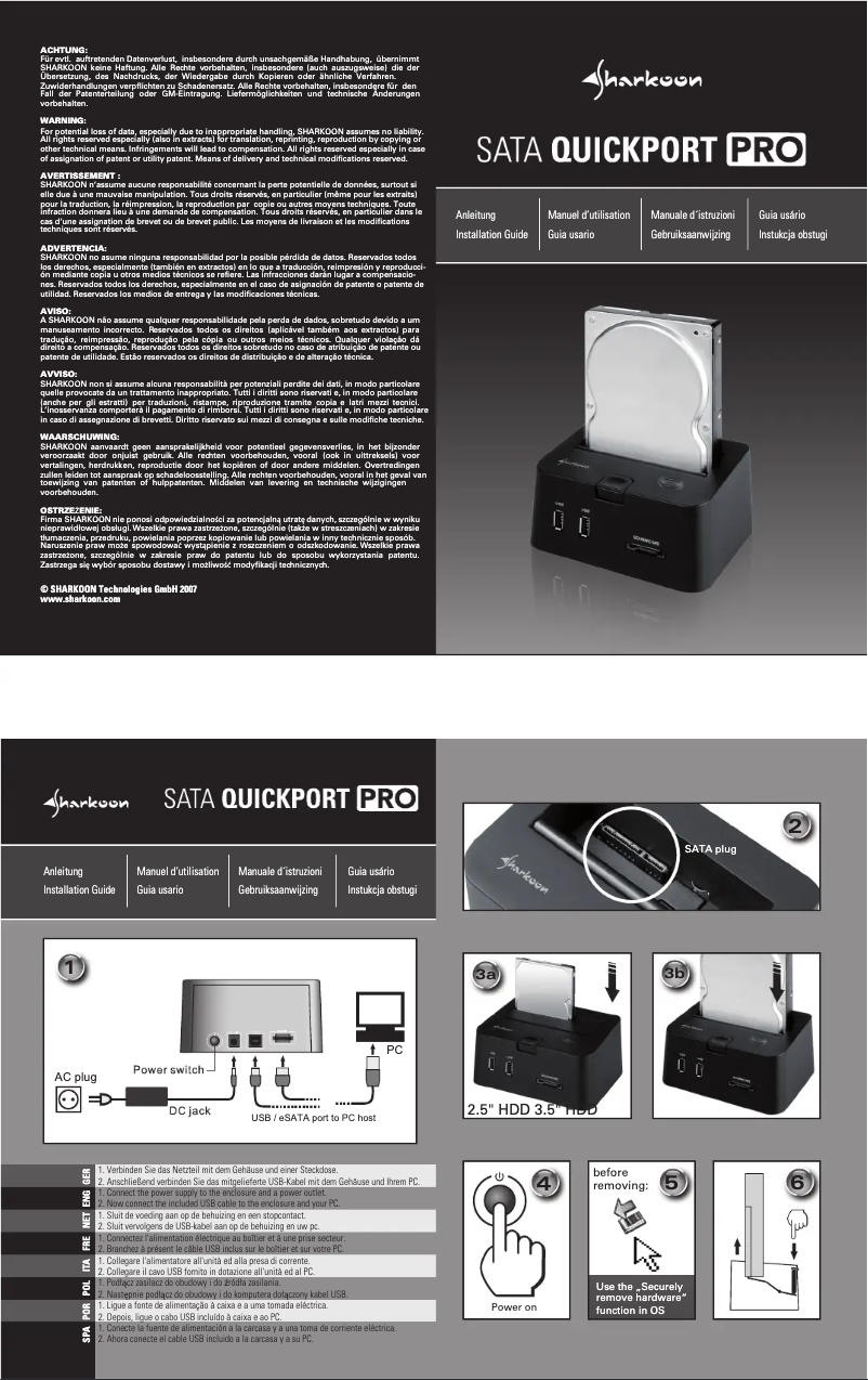 Page 1 de la notice Manuel utilisateur Sharkoon QuickPort Pro