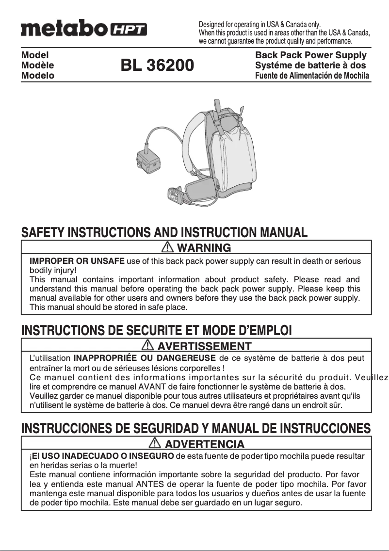 Page 1 de la notice Manuel utilisateur HiKOKI BL36200