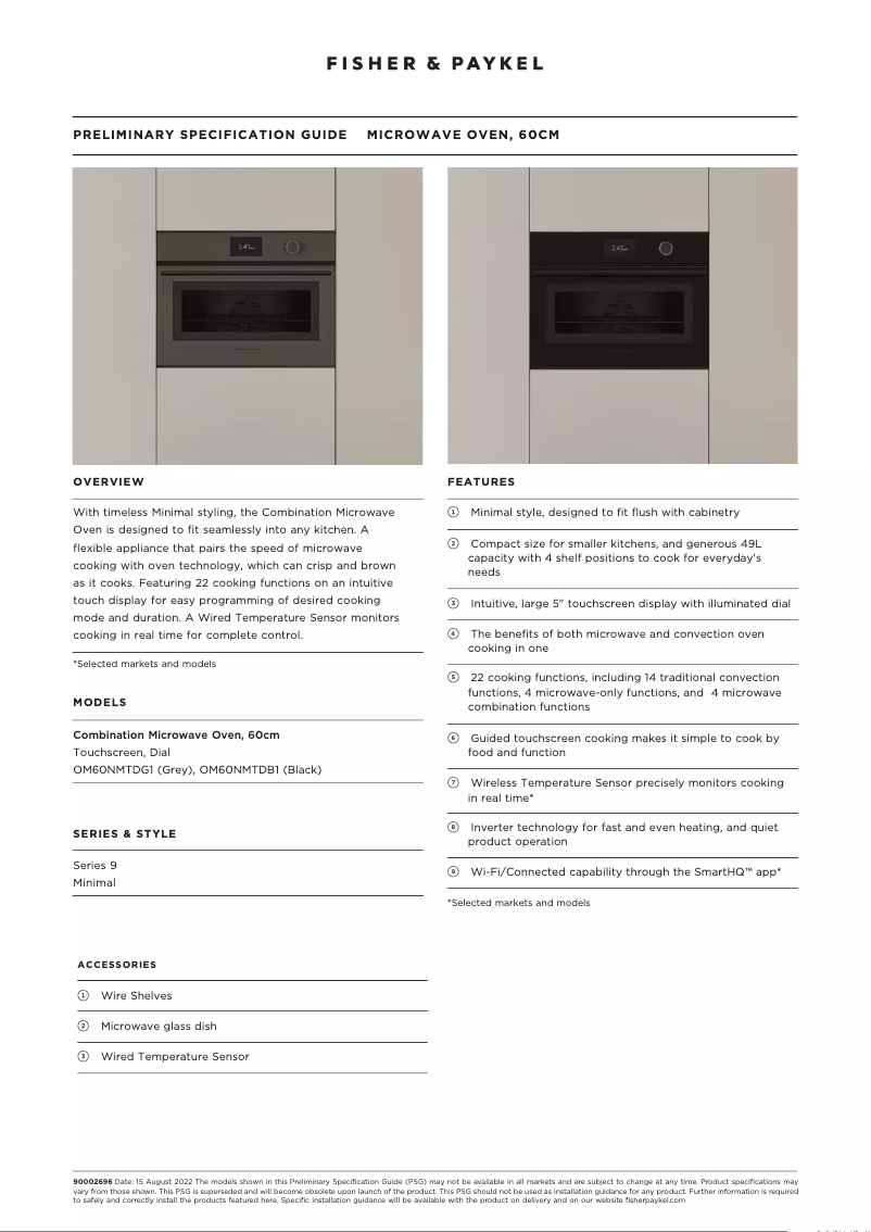 Page 1 de la notice Fiche technique Fisher & Paykel OM60NMTDB1