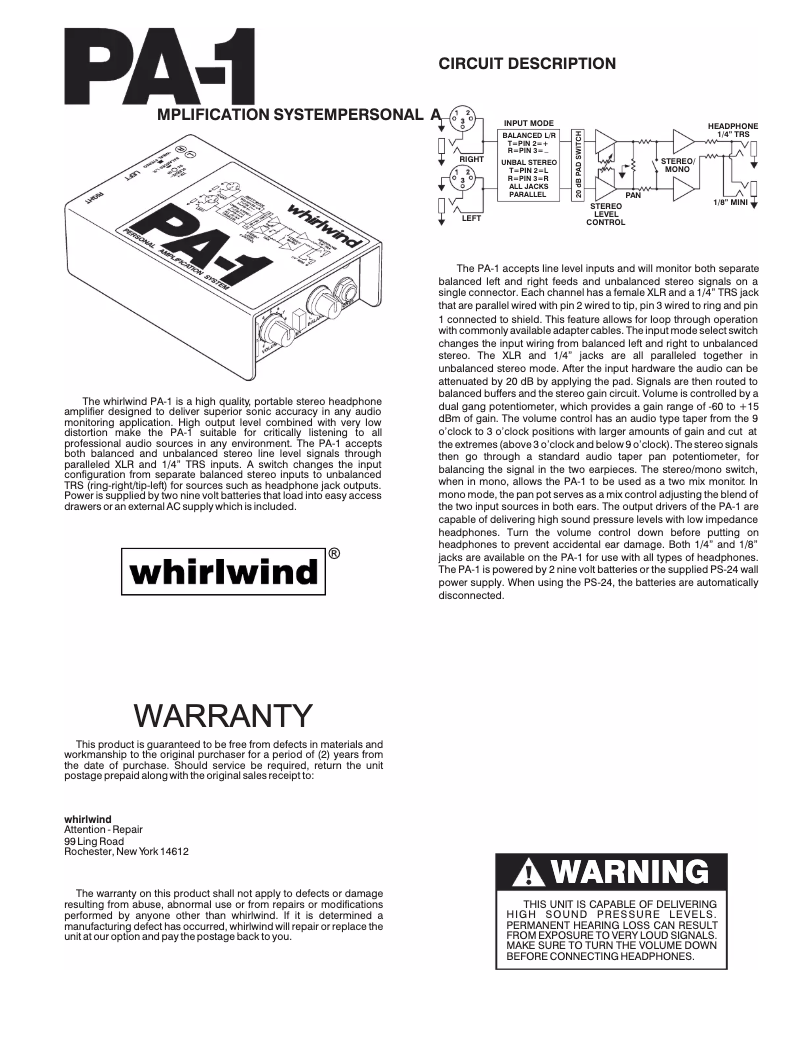 Page 1 de la notice Manuel utilisateur Whirlwind PA-1