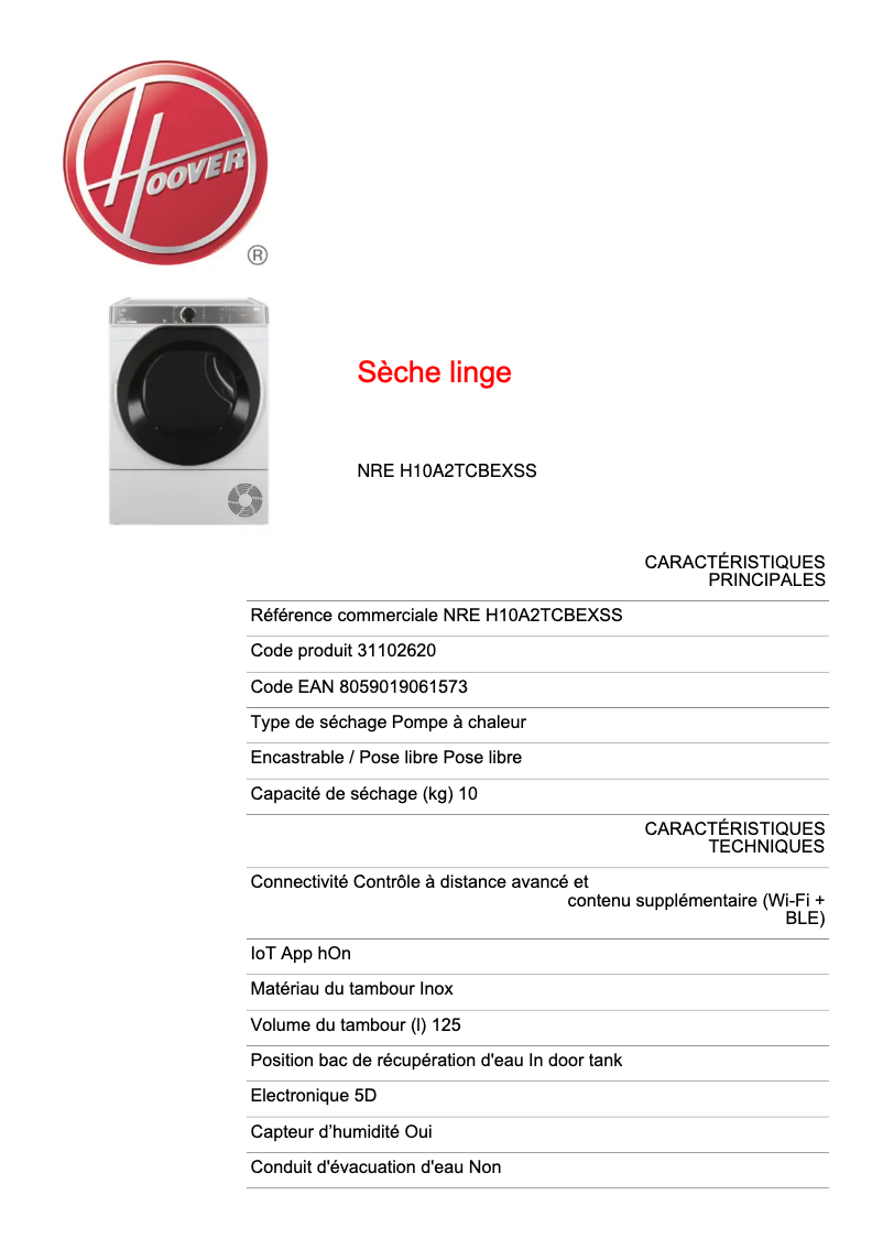 Página 1 del manual Ficha técnica Hoover H-DRY 500 ND H10A2TCBEXS-S