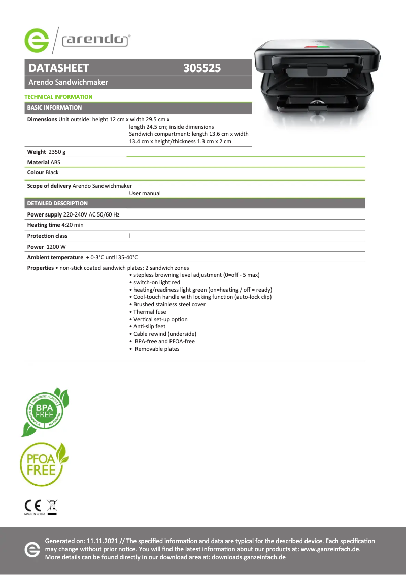 Page 1 de la notice Fiche technique Arendo 305525