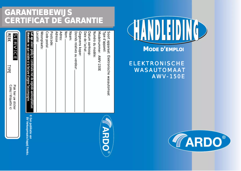 Page 1 de la notice Manuel utilisateur Ardo AWV 150E