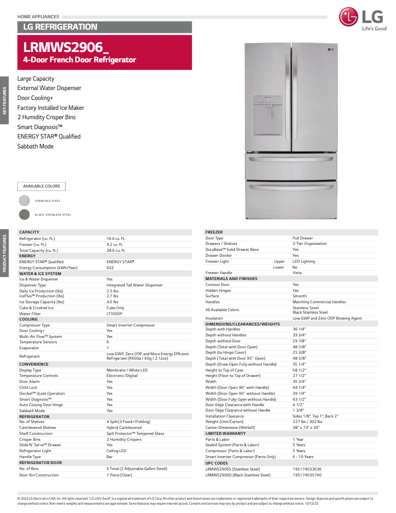 Page 1 de la notice Fiche technique LG LRMWS2906S