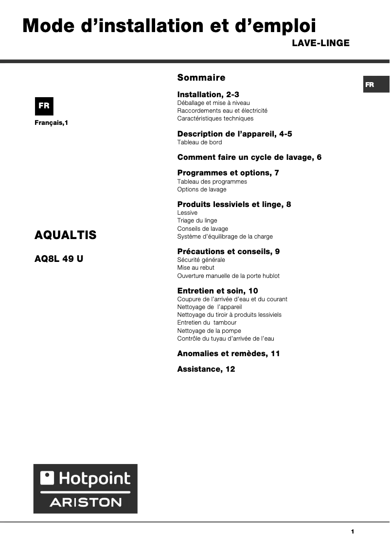 Page n°1 - Manuel utilisateur Hotpoint Ariston AQ 8 L 49 U