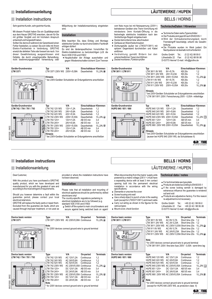 Page 1 de la notice Manuel utilisateur Grothe HUPE 640 230V AC