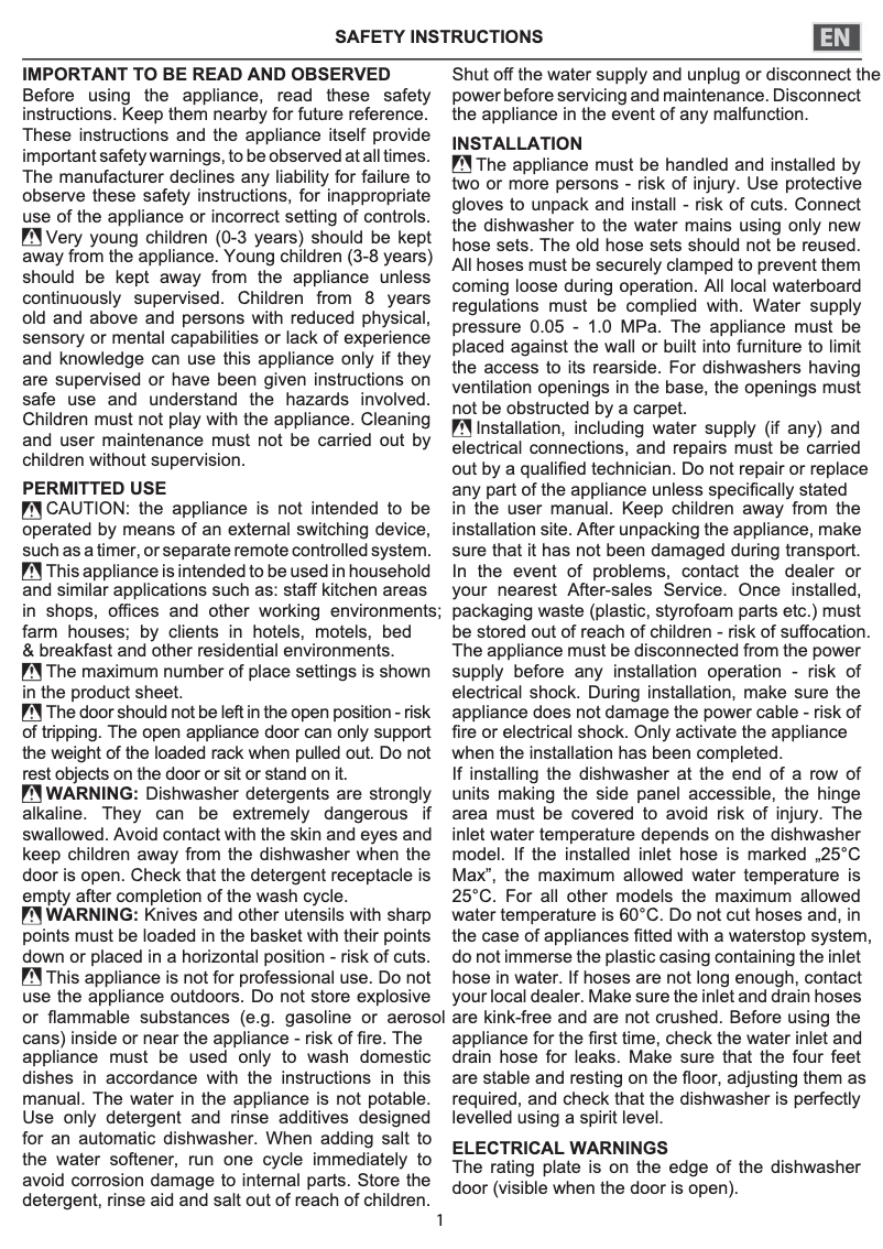 Page n°1 - Instructions de sécurité Indesit DFE 1B19 14