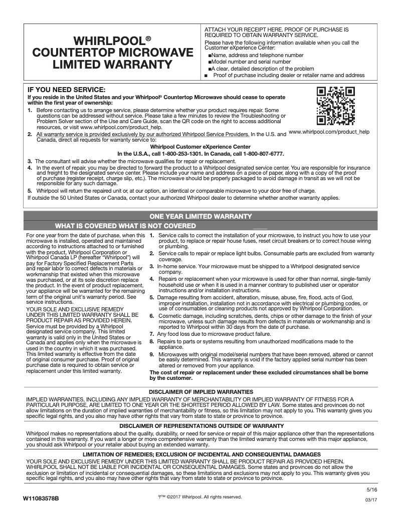 Page 1 de la notice Informations de garantie Whirlpool WMC50522HW
