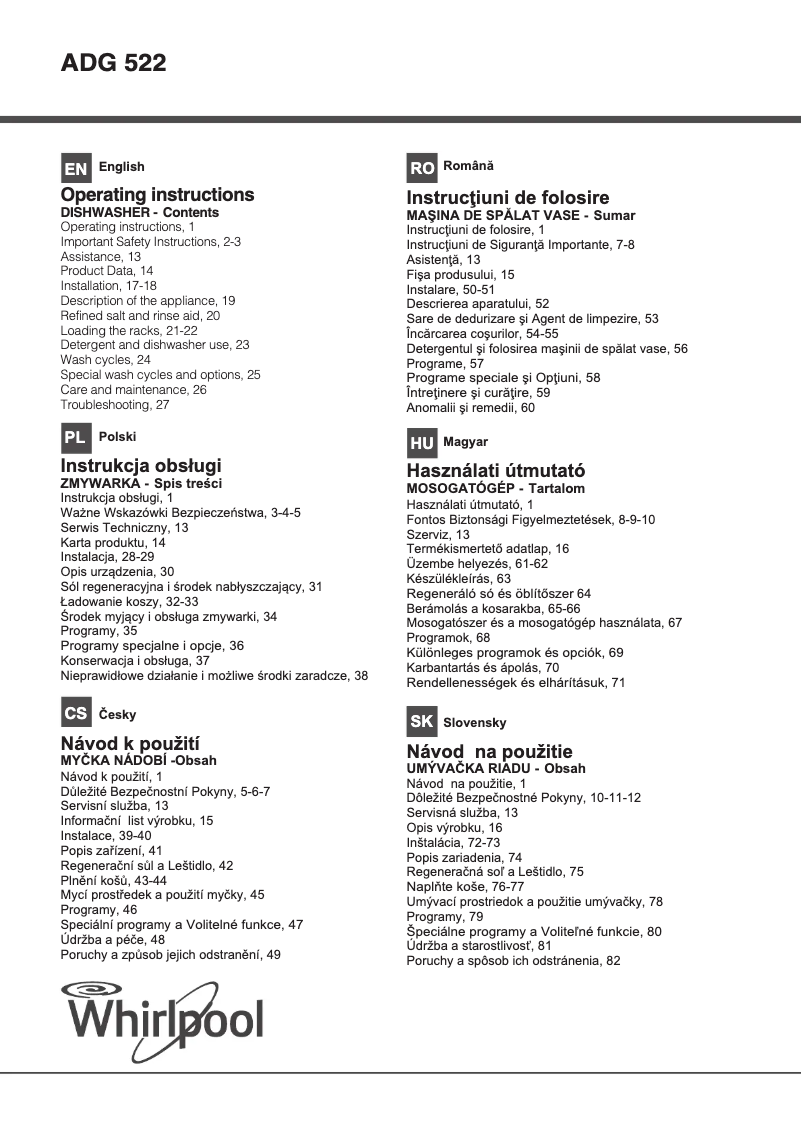 Page n°1 - Mode d'emploi Whirlpool ADG 522 IX