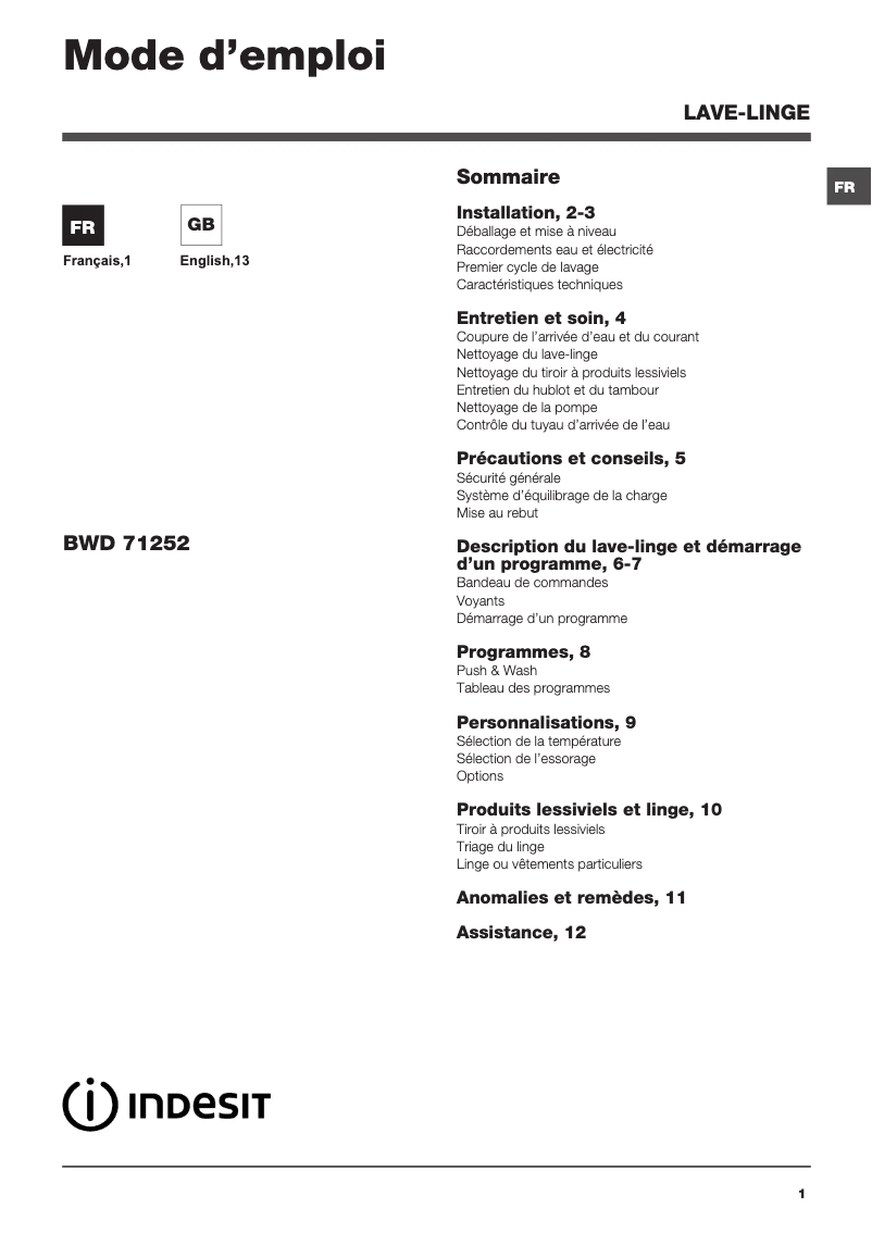 Page n°1 - Manuel utilisateur Indesit BWD 71252 W FR