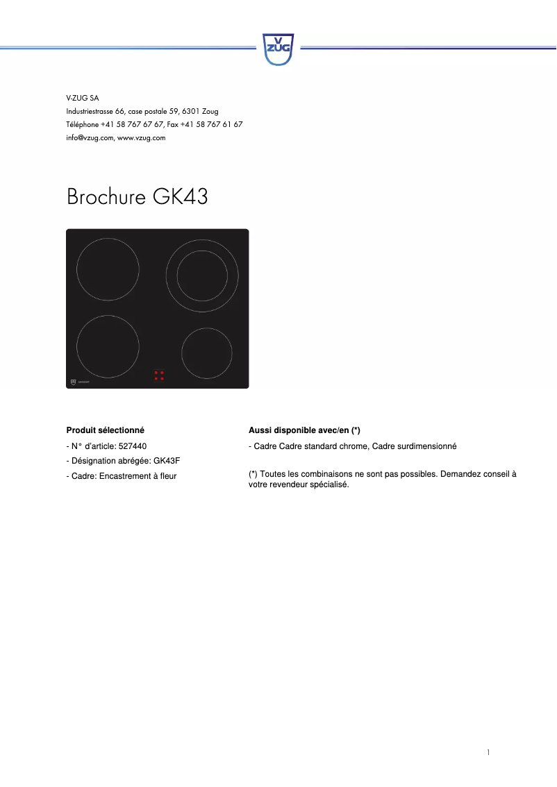 Page 1 de la notice Manuel utilisateur V-Zug GK43F