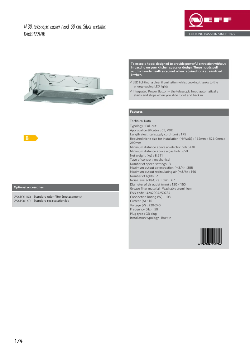 Page 1 of the manual Technical Sheet Neff D46BR22N1B