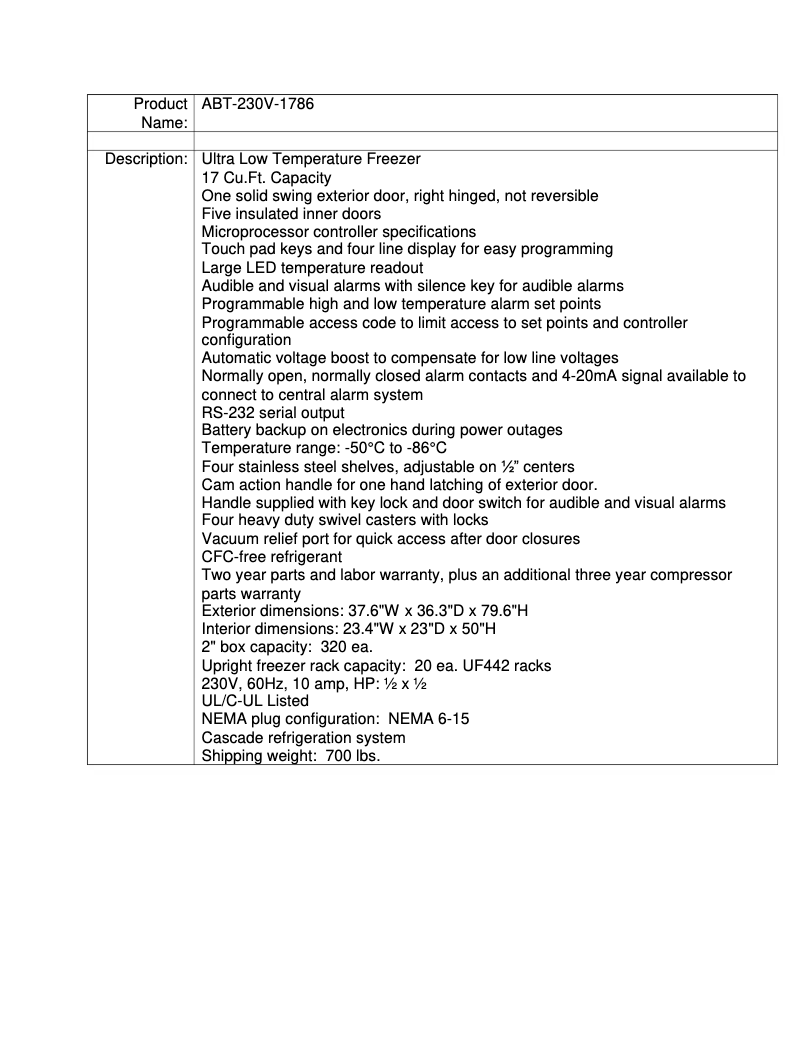 Page 1 de la notice Fiche technique American BioTech Supply ABT-230V-1786