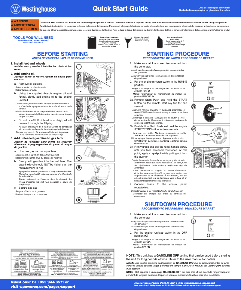 Page n°1 - Guide de démarrage rapide Westinghouse WGen9500