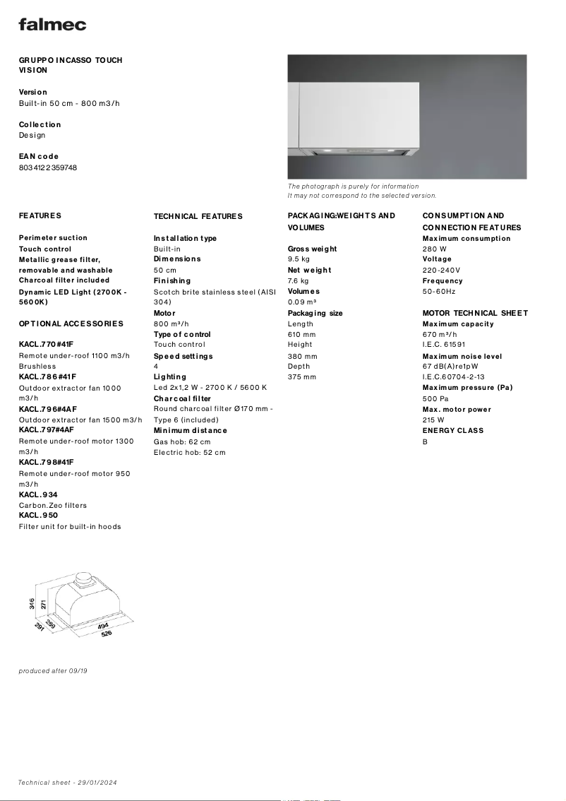 Page 1 de la notice Fiche technique Falmec Gruppo Incasso