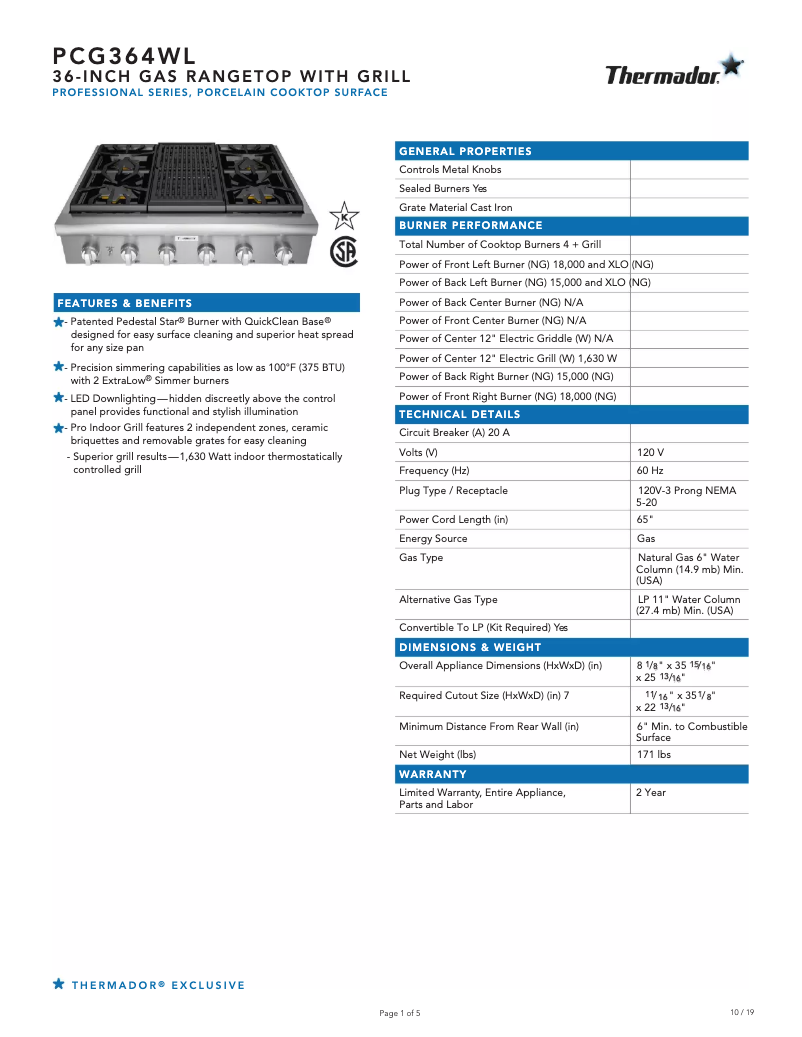 Page 1 de la notice Fiche technique Thermador PCG364WL