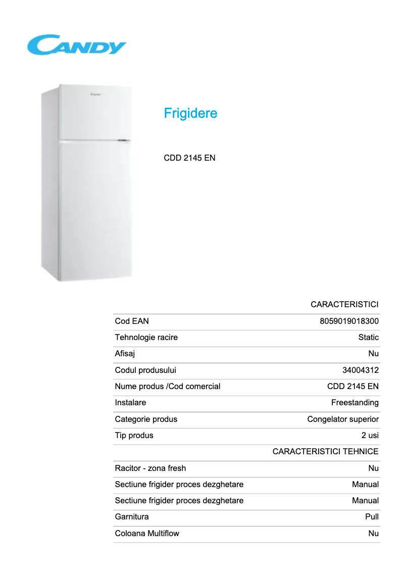 Page 1 de la notice Fiche technique Candy CDD 2145 EN