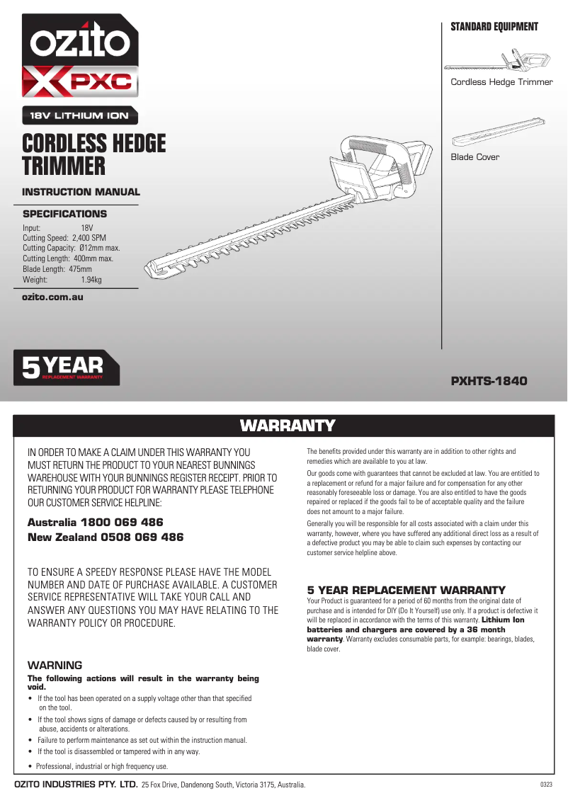 Image de la première page du manuel de l'appareil PXHTBK-2518