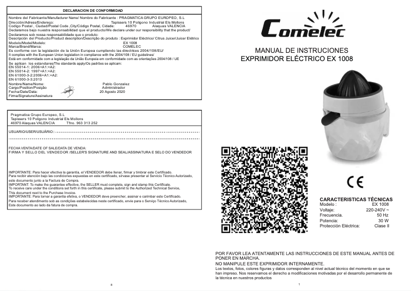 Page n°1 - Manuel utilisateur Comelec EX 1008