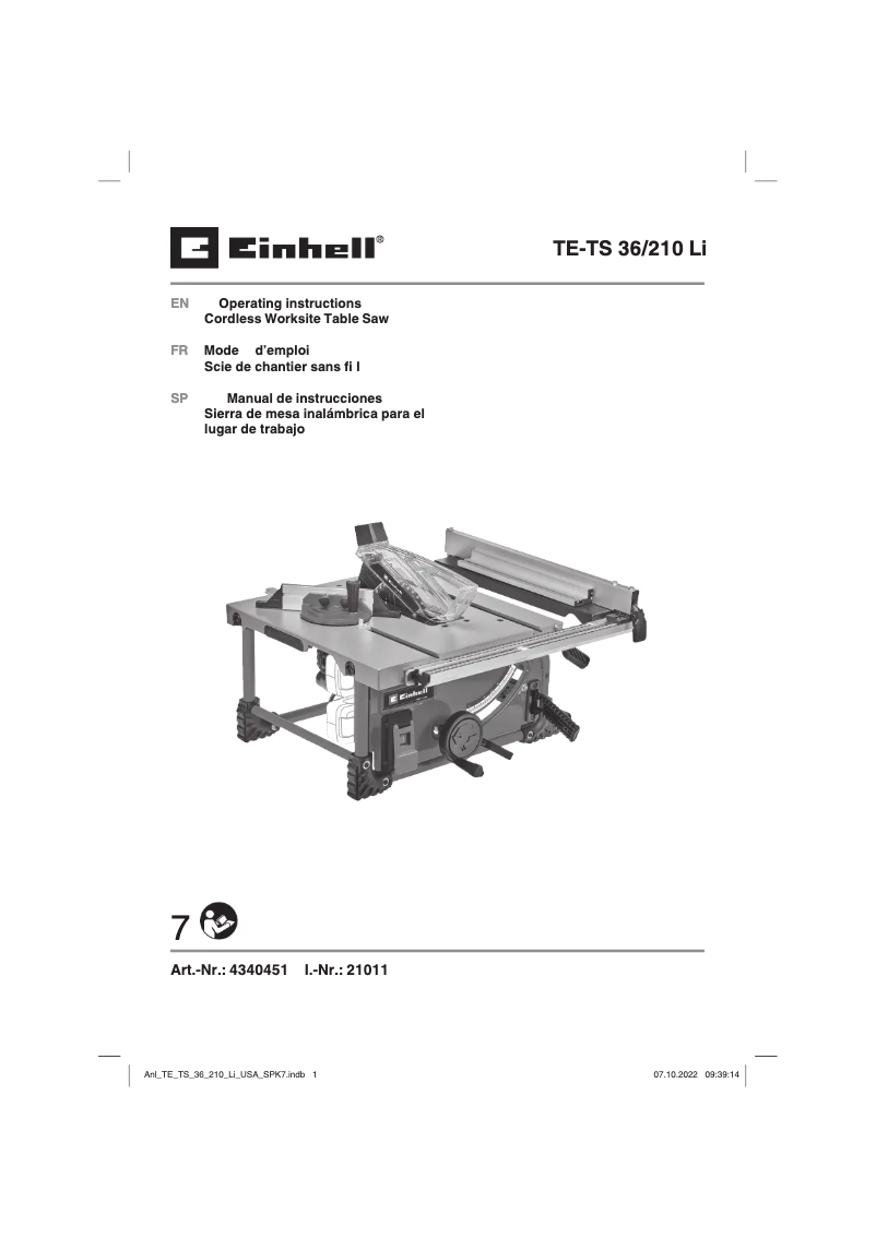 Page n°1 - Manuel utilisateur Einhell TE-TS 36/210 Li