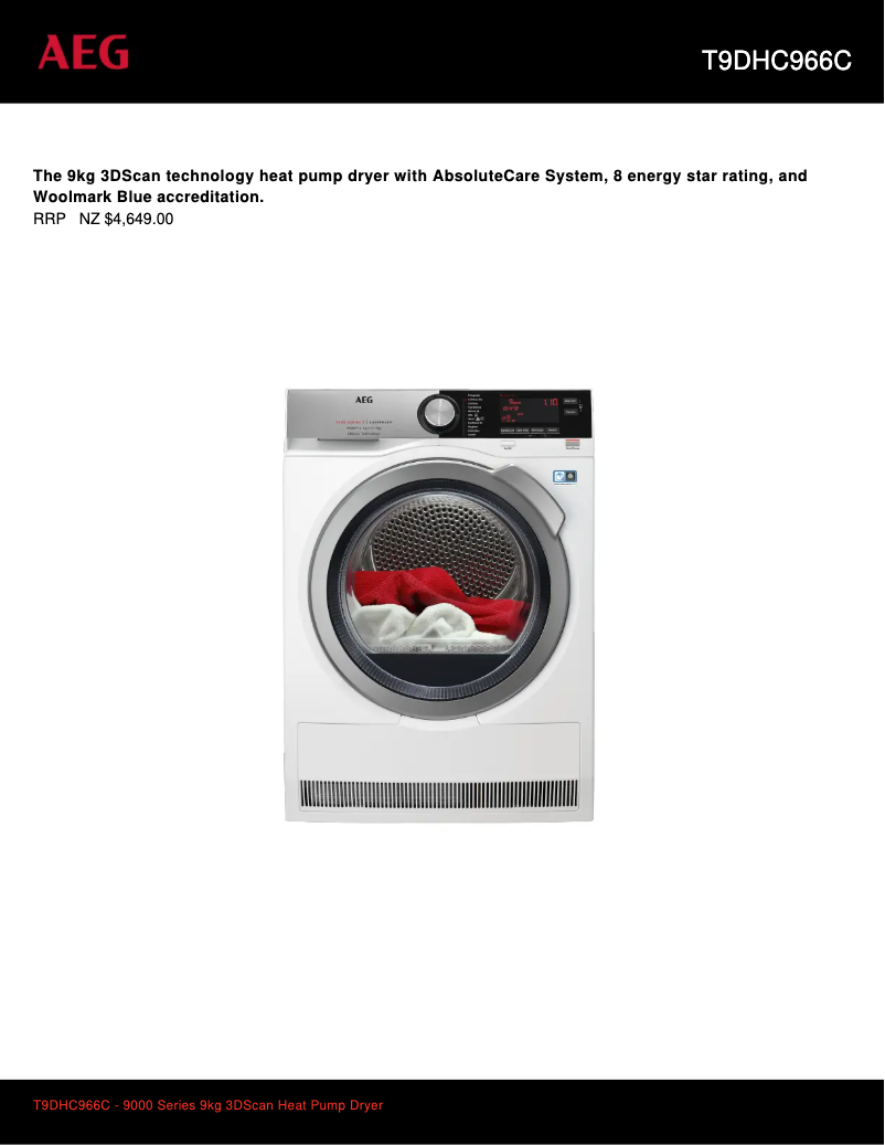 Page 1 de la notice Fiche technique AEG T9DHC966C