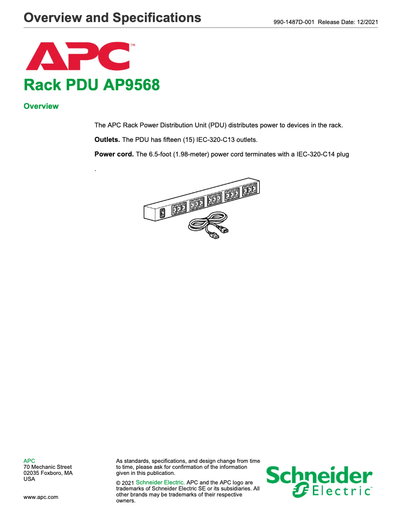 Page 1 de la notice Fiche technique APC AP9568