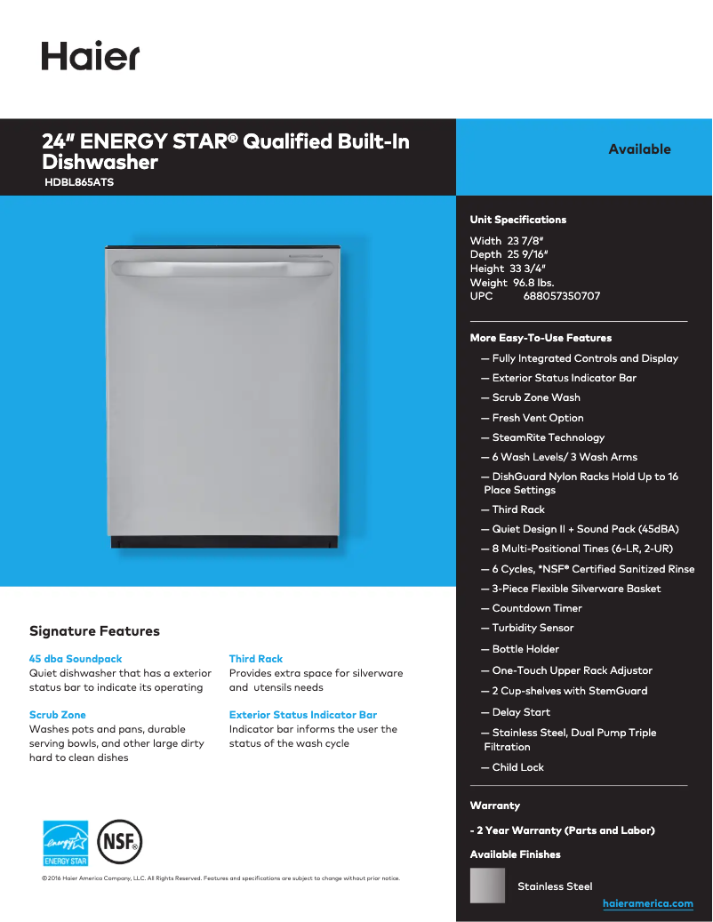 Page 1 de la notice Fiche technique Haier HDBL865ATS