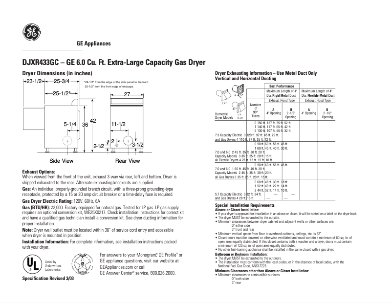Page 1 de la notice Fiche technique GE DJXR433GCWW