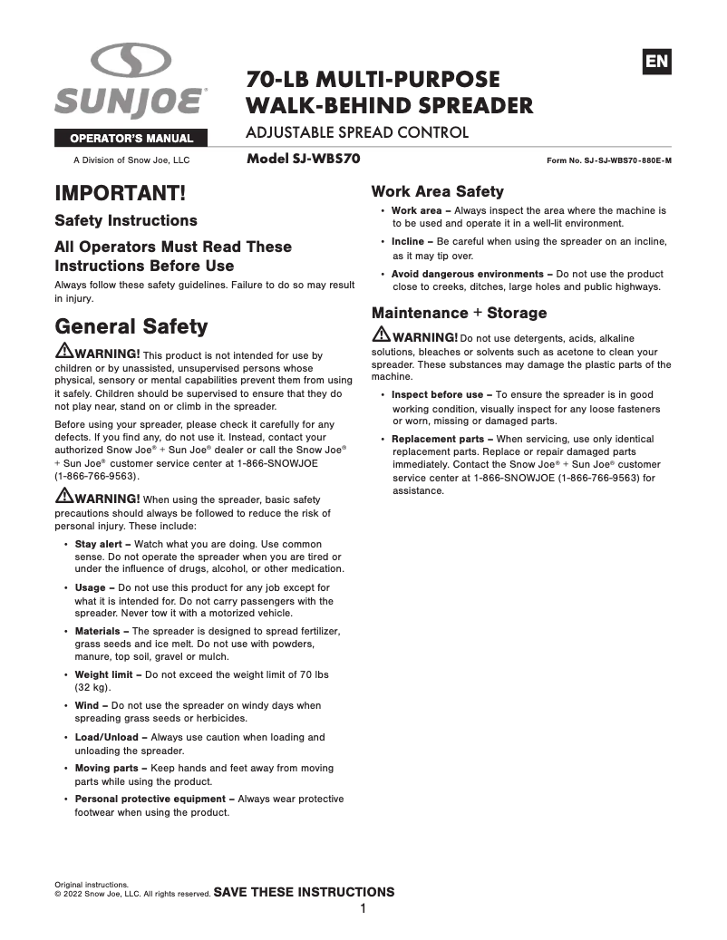 Page 1 de la notice Manuel utilisateur Sun Joe SJ-WBS70