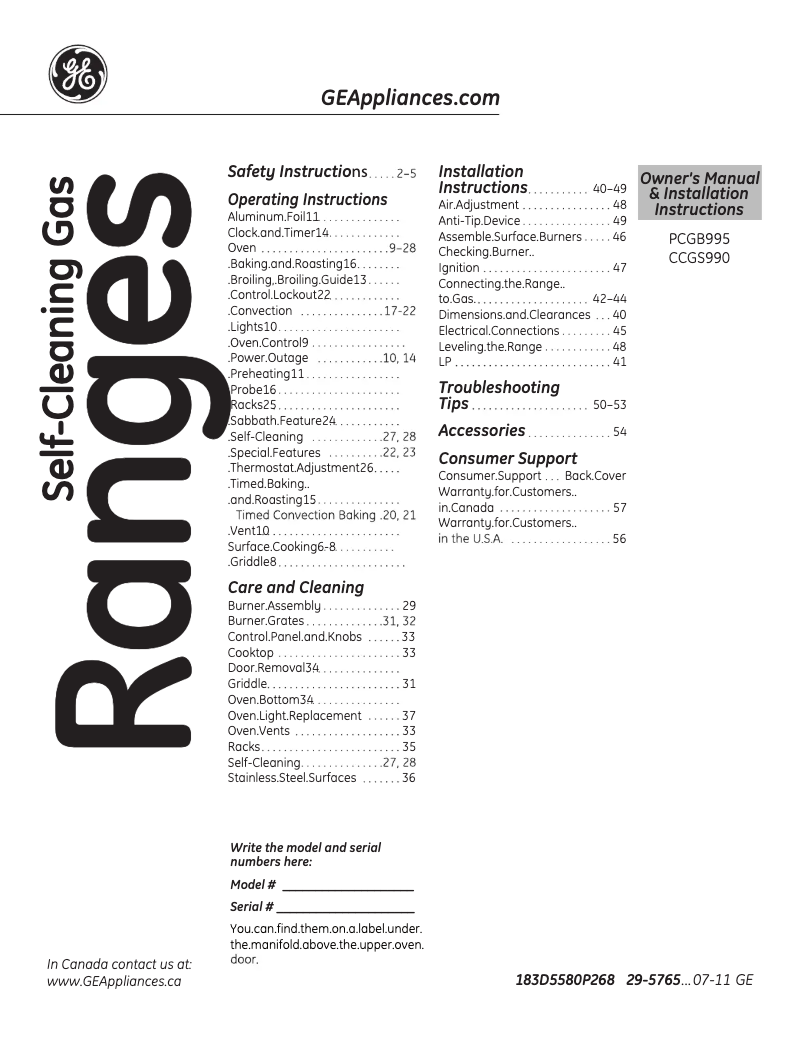 Page 1 de la notice Manuel utilisateur GE PCGB995SETSS
