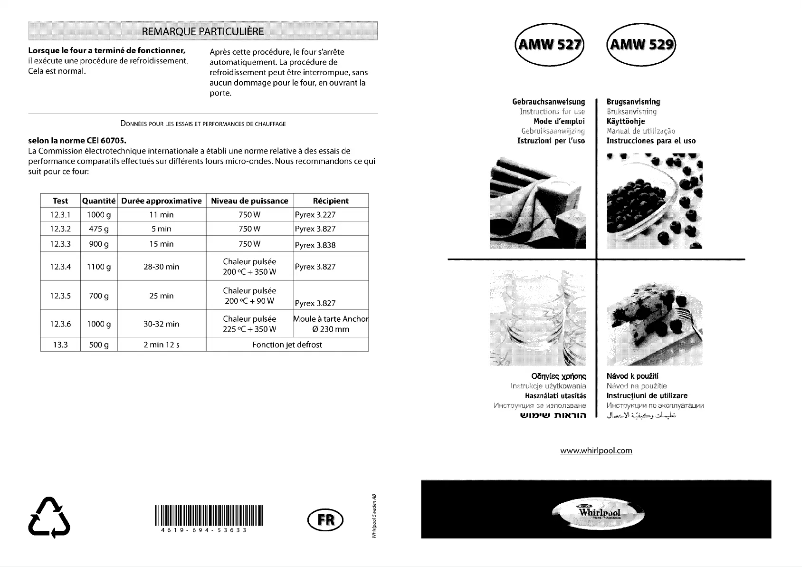 Page 1 de la notice Manuel utilisateur Whirlpool AMW 527 WH