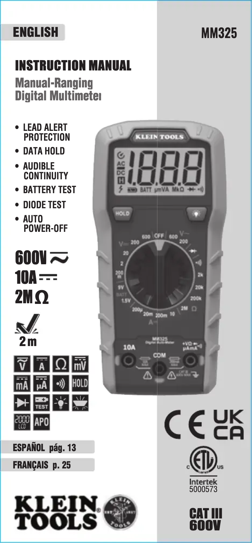Page n°1 - Manuel utilisateur Klein Tools MM325