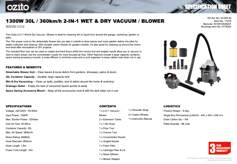 Page 1 de la notice Fiche technique Ozito WDVB-1312