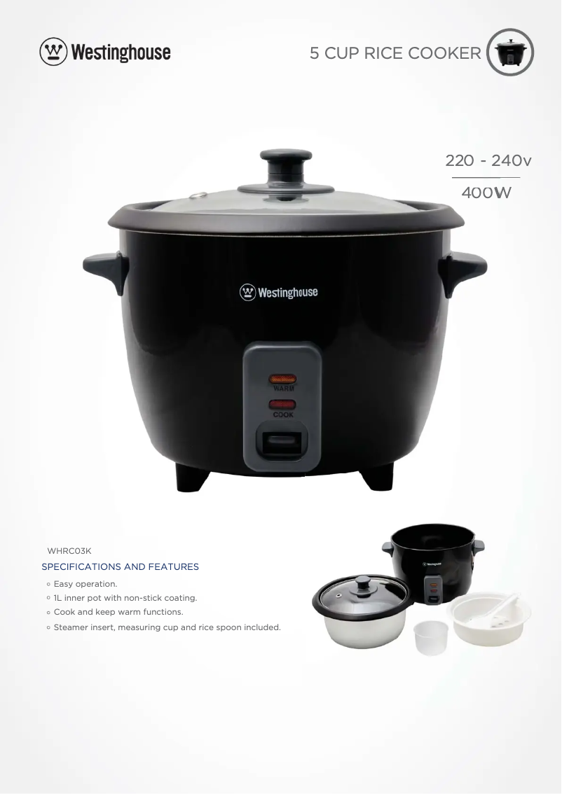 Page 1 de la notice Fiche technique Westinghouse WHRC03K