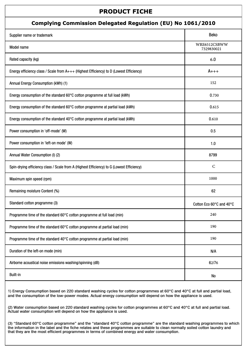Page n°1 - Fiche technique Beko WRE 6512 CSBWW