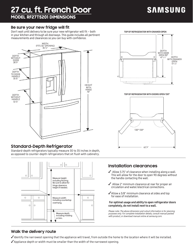 Page 1 de la notice Guide de mesure Samsung RF27T5201SR