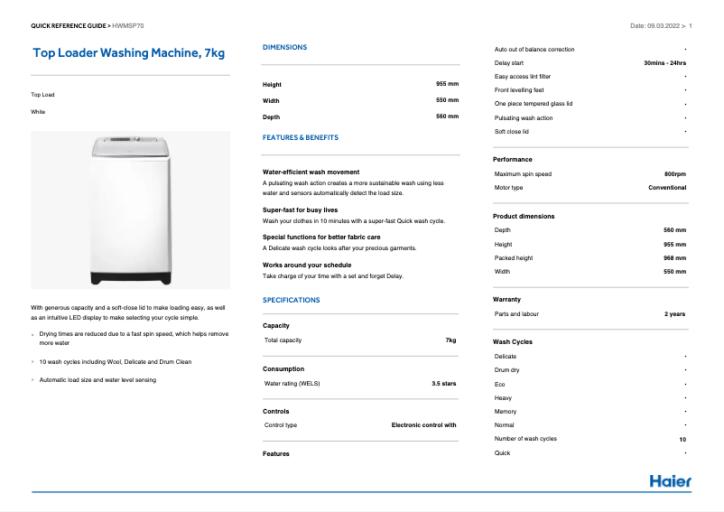 Page 1 de la notice Fiche technique Haier HWMSP70