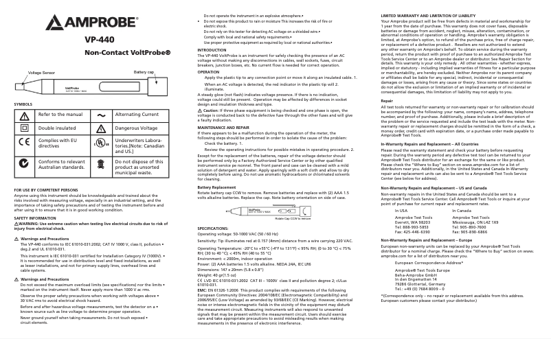 Page 1 de la notice Manuel utilisateur Amprobe VP-440